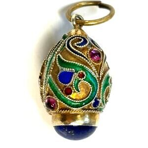 Faberge Inspired Enamel Egg Pendant Colorful Silvertone Charm (Some Missing)